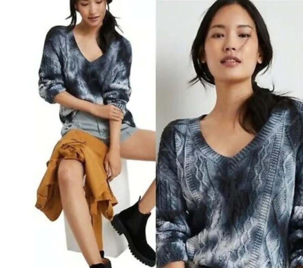 Anthropologie Pilcro Blue Cable Knit V-Neck Sweater Cotton Blend XS